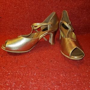 Menkes gold leather T-Strap D'Orsay professional dance shoes.